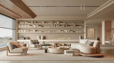 现代奶油风客厅 沙发 边几 茶几 挂画 地毯 书籍 书柜 火焰灯 端景